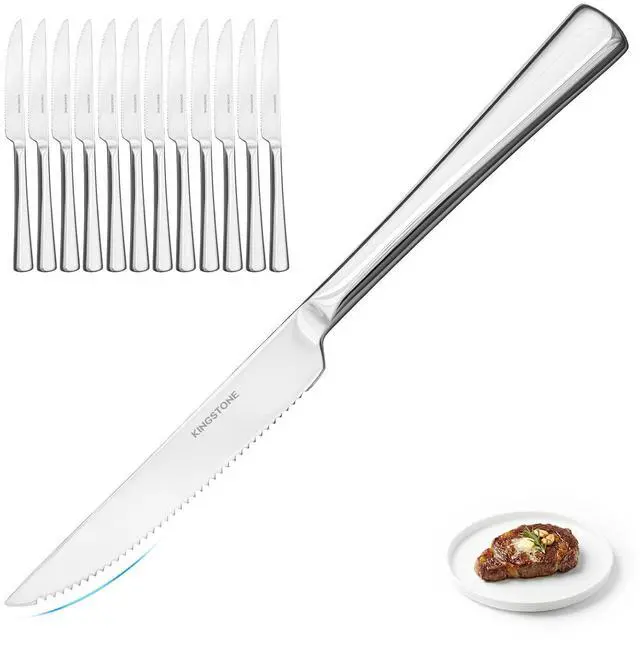 Main image of KINGSTONE 12 Piece Steak Knife Set, Stainless Steel | 9.1 Inch, Mirror Polished Sharp Serrated Blade, Dishwasher Safe, Sturdy Grip, for Home, BBQ, Parties, Restaurants & Gift