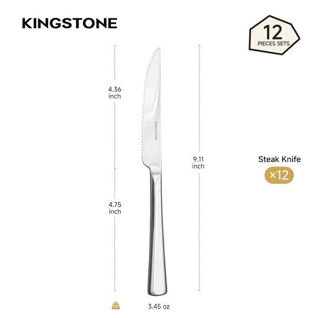 Alt view image 2 of 7 - KINGSTONE 12 Piece Steak Knife Set, Stainless Steel | 9.1 Inch, Mirror Polished Sharp Serrated Blade, Dishwasher Safe, Sturdy Grip, for Home, BBQ, Parties, Restaurants & Gift