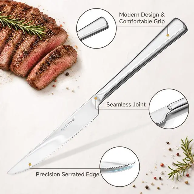 Alt view image 3 of 7 - KINGSTONE 12 Piece Steak Knife Set, Stainless Steel | 9.1 Inch, Mirror Polished Sharp Serrated Blade, Dishwasher Safe, Sturdy Grip, for Home, BBQ, Parties, Restaurants & Gift
