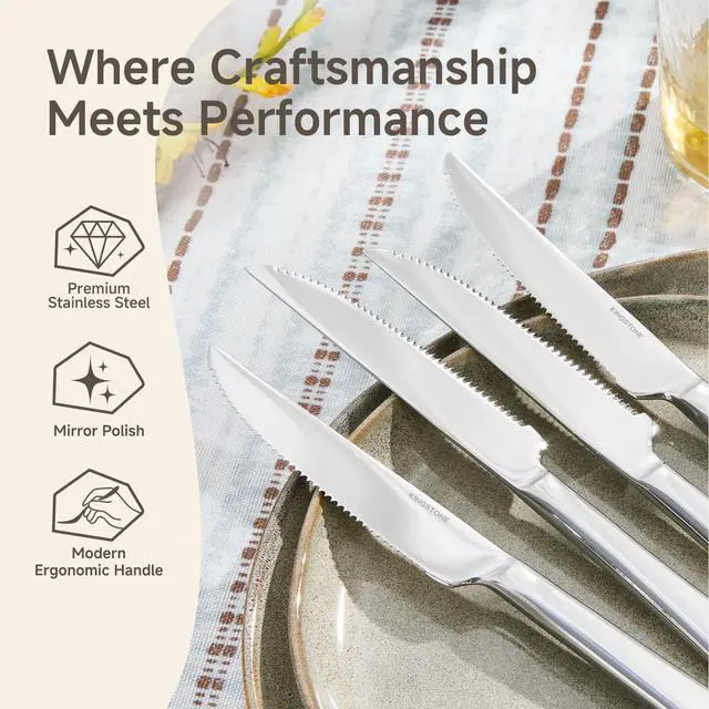 Alt view image 4 of 7 - KINGSTONE 12 Piece Steak Knife Set, Stainless Steel | 9.1 Inch, Mirror Polished Sharp Serrated Blade, Dishwasher Safe, Sturdy Grip, for Home, BBQ, Parties, Restaurants & Gift