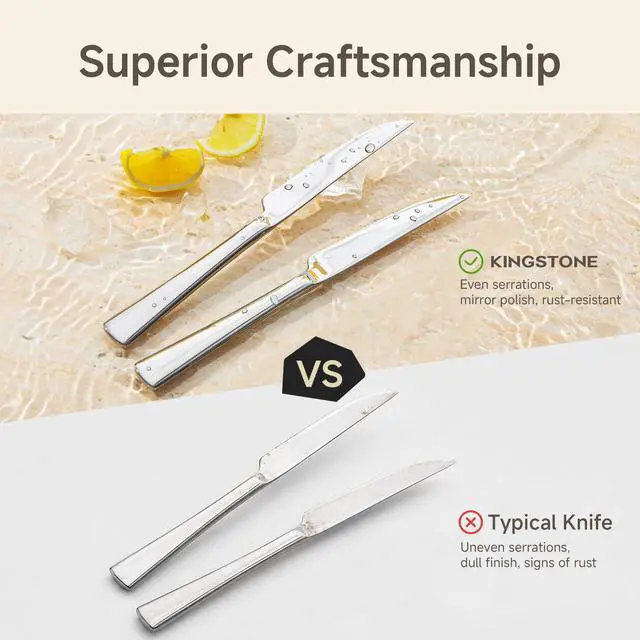 Alt view image 7 of 7 - KINGSTONE 12 Piece Steak Knife Set, Stainless Steel | 9.1 Inch, Mirror Polished Sharp Serrated Blade, Dishwasher Safe, Sturdy Grip, for Home, BBQ, Parties, Restaurants & Gift