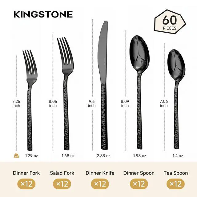 Alt view image 2 of 7 - 60Piece Black Silverware Set,18/10 Stainless Steel Hammered Flatware for 12 | KINGSTONE Flatware set Includes Fork Spoon Knives, Cutlery Utensil Set for Party,Wedding, Mirror Polished Dishwasher Safe