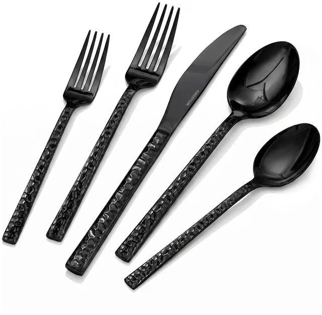 Main image of 60Piece Black Silverware Set,18/10 Stainless Steel Hammered Flatware for 12 | KINGSTONE Flatware set Includes Fork Spoon Knives, Cutlery Utensil Set for Party,Wedding, Mirror Polished Dishwasher Safe