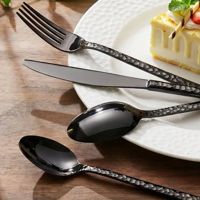 Alt view image 5 of 7 - 60Piece Black Silverware Set,18/10 Stainless Steel Hammered Flatware for 12 | KINGSTONE Flatware set Includes Fork Spoon Knives, Cutlery Utensil Set for Party,Wedding, Mirror Polished Dishwasher Safe