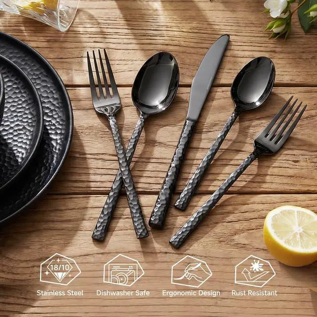 Alt view image 6 of 7 - 60Piece Black Silverware Set,18/10 Stainless Steel Hammered Flatware for 12 | KINGSTONE Flatware set Includes Fork Spoon Knives, Cutlery Utensil Set for Party,Wedding, Mirror Polished Dishwasher Safe