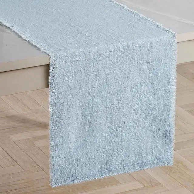 Main image of KINGSTONE 14 x 120 Inches Frayed Edge Table Runner, 270G Heavyweight Sand Washed Slub Texture Cotton Linen for Modern Farmhouse, Rustic Home Decorations Dining Room Wedding Boho Decor, Light Blue