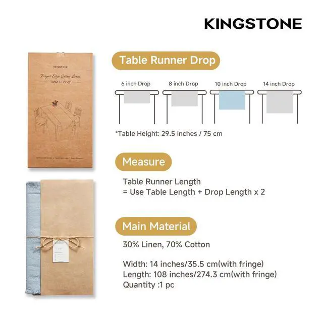 Alt view image 2 of 7 - KINGSTONE 14 x 108 Inches Frayed Edge Table Runner, 270G Heavyweight Sand Washed Slub Texture Cotton Linen for Modern Farmhouse, Rustic Home Decorations Dining Room Wedding Boho Decor, Light Blue