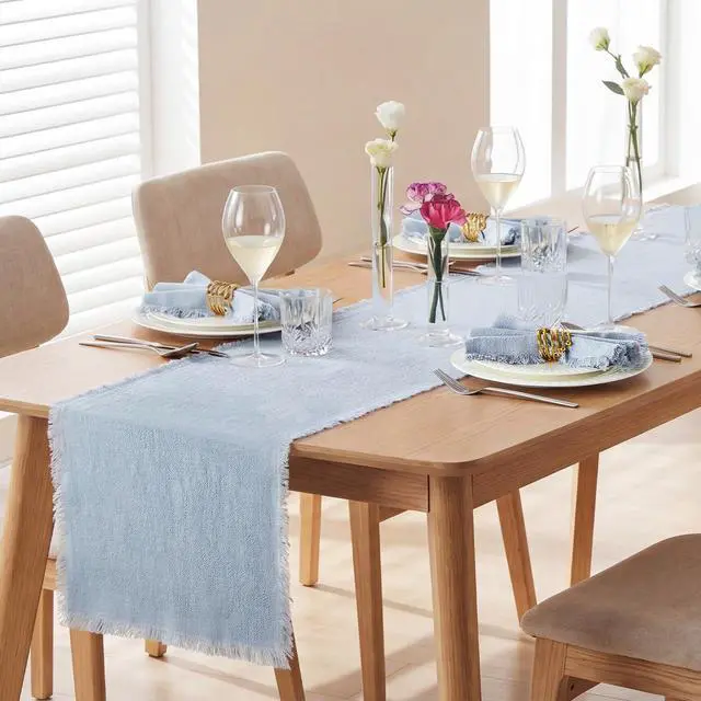 Alt view image 3 of 7 - KINGSTONE 14 x 120 Inches Frayed Edge Table Runner, 270G Heavyweight Sand Washed Slub Texture Cotton Linen for Modern Farmhouse, Rustic Home Decorations Dining Room Wedding Boho Decor, Light Blue