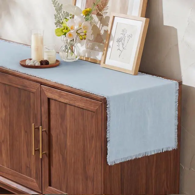 Alt view image 4 of 7 - KINGSTONE 14 x 120 Inches Frayed Edge Table Runner, 270G Heavyweight Sand Washed Slub Texture Cotton Linen for Modern Farmhouse, Rustic Home Decorations Dining Room Wedding Boho Decor, Light Blue