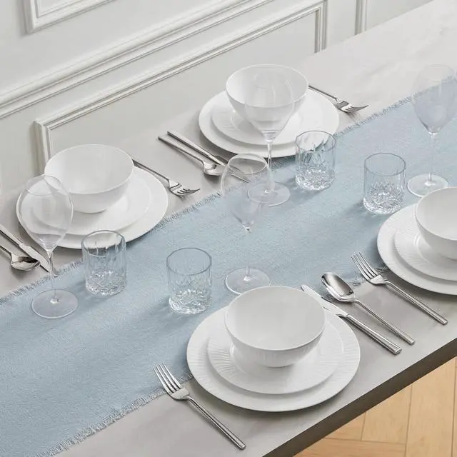 Alt view image 6 of 7 - KINGSTONE 14 x 120 Inches Frayed Edge Table Runner, 270G Heavyweight Sand Washed Slub Texture Cotton Linen for Modern Farmhouse, Rustic Home Decorations Dining Room Wedding Boho Decor, Light Blue