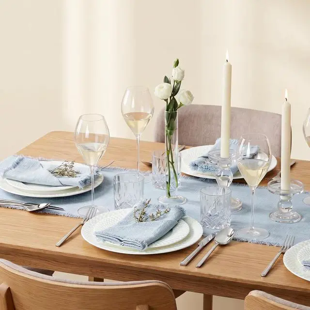 Alt view image 5 of 7 - KINGSTONE 14 x 120 Inches Frayed Edge Table Runner, 270G Heavyweight Sand Washed Slub Texture Cotton Linen for Modern Farmhouse, Rustic Home Decorations Dining Room Wedding Boho Decor, Light Blue