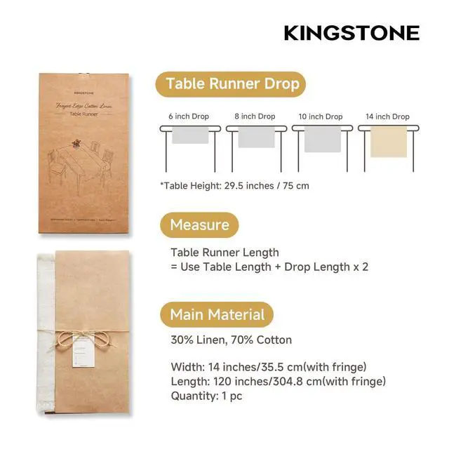 Alt view image 2 of 7 - KINGSTONE 14 x 120 Inches Frayed Edge Table Runner, 270G Heavyweight Sand Washed Slub Texture Cotton Linen for Modern Farmhouse, Rustic Home Decorations Dining Room Wedding Boho Decor, White