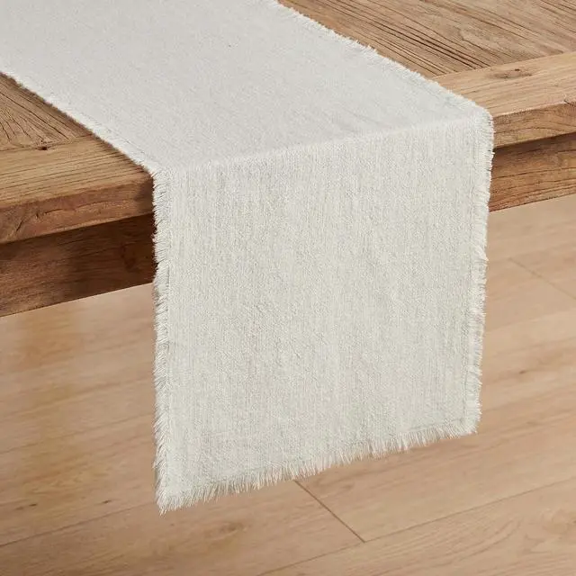 Main image of KINGSTONE 14 x 120 Inches Frayed Edge Table Runner, 270G Heavyweight Sand Washed Slub Texture Cotton Linen for Modern Farmhouse, Rustic Home Decorations Dining Room Wedding Boho Decor, White