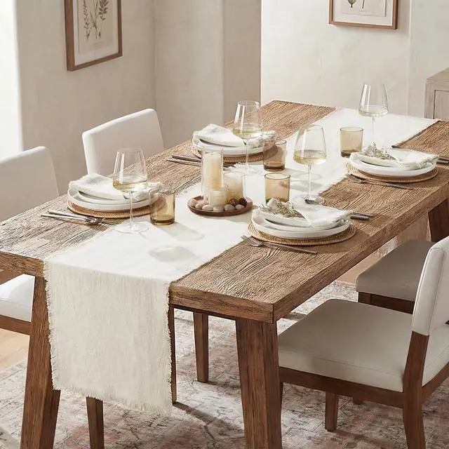 Alt view image 3 of 7 - KINGSTONE 14 x 120 Inches Frayed Edge Table Runner, 270G Heavyweight Sand Washed Slub Texture Cotton Linen for Modern Farmhouse, Rustic Home Decorations Dining Room Wedding Boho Decor, White