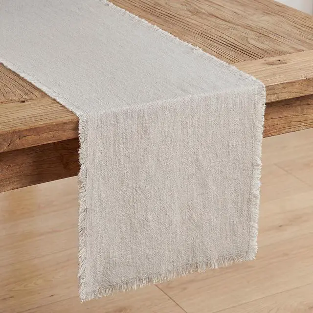Main image of KINGSTONE 14 x 120 Inches Frayed Edge Table Runner, 270G Heavyweight Sand Washed Slub Texture Cotton Linen for Modern Farmhouse, Rustic Home Decorations Dining Room Wedding Boho Decor, Natural