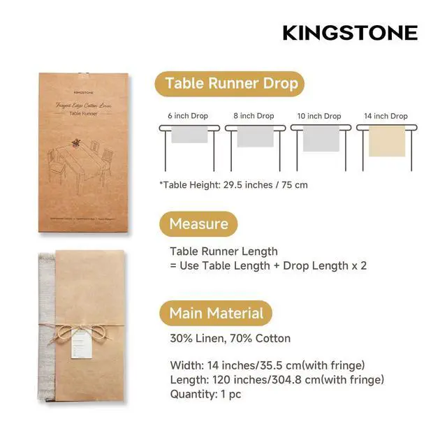 Alt view image 2 of 7 - KINGSTONE 14 x 120 Inches Frayed Edge Table Runner, 270G Heavyweight Sand Washed Slub Texture Cotton Linen for Modern Farmhouse, Rustic Home Decorations Dining Room Wedding Boho Decor, Natural