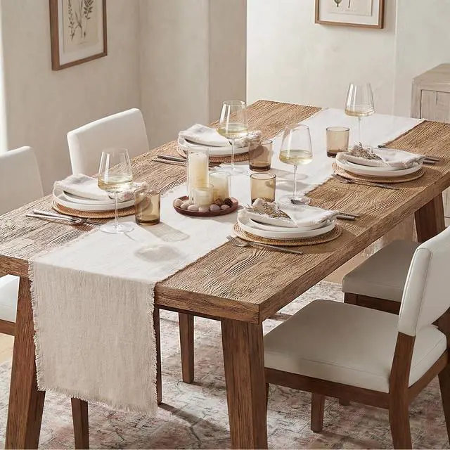 Alt view image 3 of 7 - KINGSTONE 14 x 120 Inches Frayed Edge Table Runner, 270G Heavyweight Sand Washed Slub Texture Cotton Linen for Modern Farmhouse, Rustic Home Decorations Dining Room Wedding Boho Decor, Natural