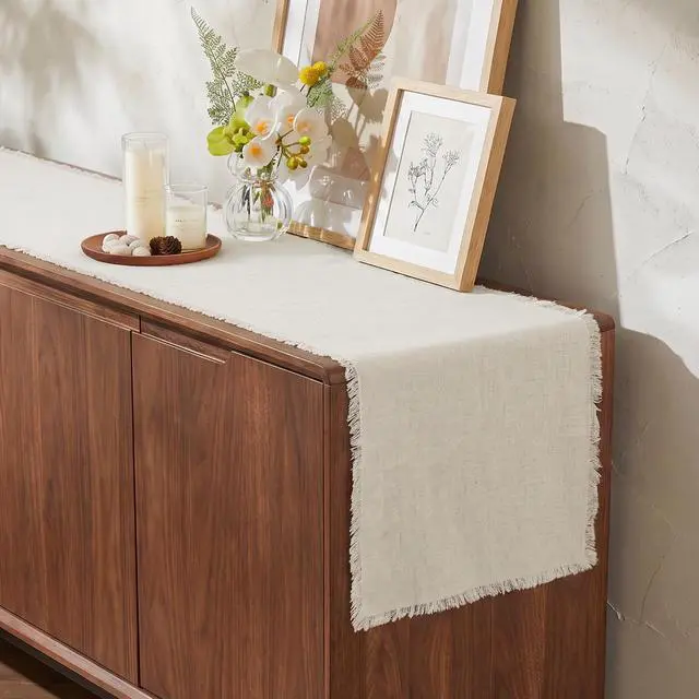 Alt view image 4 of 7 - KINGSTONE 14 x 120 Inches Frayed Edge Table Runner, 270G Heavyweight Sand Washed Slub Texture Cotton Linen for Modern Farmhouse, Rustic Home Decorations Dining Room Wedding Boho Decor, Natural