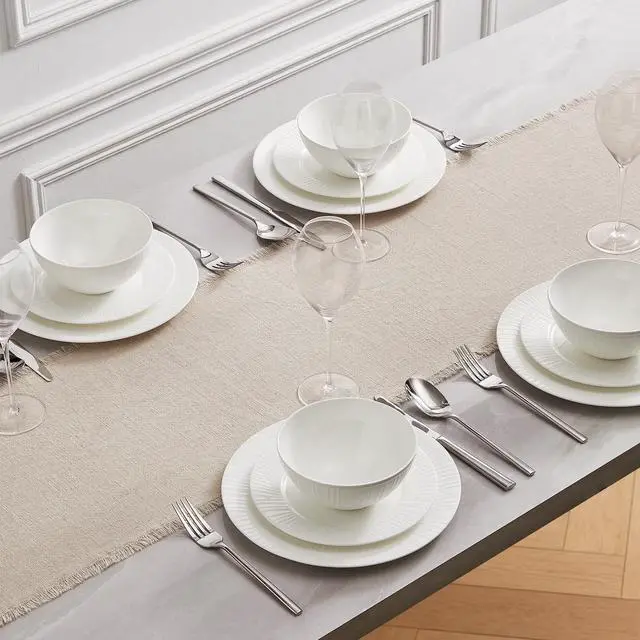 Alt view image 6 of 7 - KINGSTONE 14 x 120 Inches Frayed Edge Table Runner, 270G Heavyweight Sand Washed Slub Texture Cotton Linen for Modern Farmhouse, Rustic Home Decorations Dining Room Wedding Boho Decor, Natural