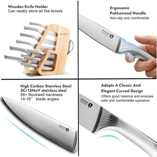 Alt view image 2 of 7 - KINGSTONE Kitchen Knife Set with Block, 14 Pcs German Stainless Steel Knife Set with Built-in Sharpener, Dishwasher Safe Knife Block Set(natural, 14pcs)