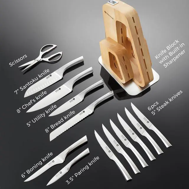 Alt view image 5 of 7 - KINGSTONE Kitchen Knife Set with Block, 14 Pcs German Stainless Steel Knife Set with Built-in Sharpener, Dishwasher Safe Knife Block Set(natural, 14pcs)