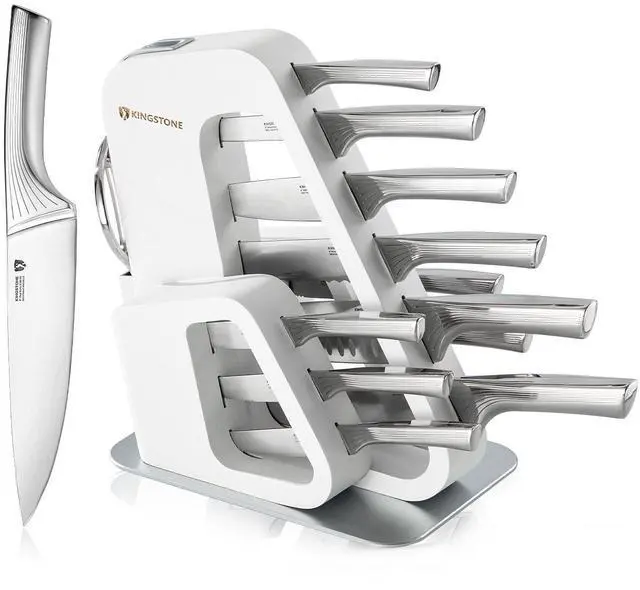 Main image of KINGSTONE Kitchen Knife Set with Block,14 Pcs German Stainless Steel Knife Set with Built-in Sharpener, Dishwasher Safe Knife Block Set (White, 14pcs)