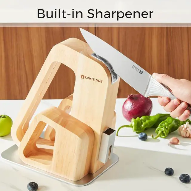 Alt view image 7 of 7 - KINGSTONE Kitchen Knife Set with Block, 14 Pcs German Stainless Steel Knife Set with Built-in Sharpener, Dishwasher Safe Knife Block Set(natural, 14pcs)