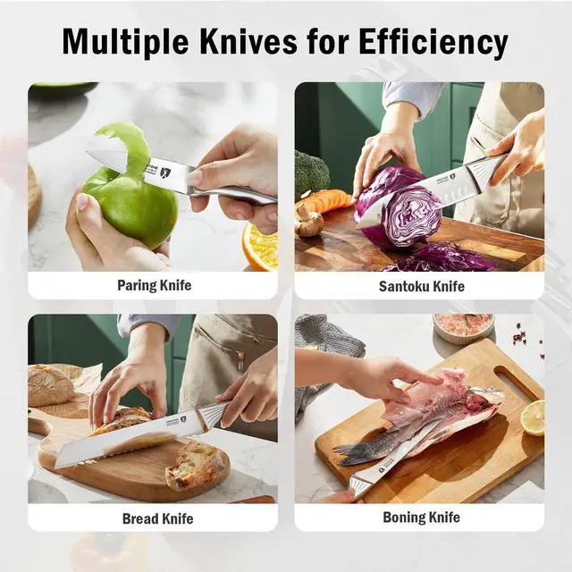 Alt view image 4 of 7 - KINGSTONE Kitchen Knife Set with Block,14 Pcs German Stainless Steel Knife Set with Built-in Sharpener, Dishwasher Safe Knife Block Set (White, 14pcs)