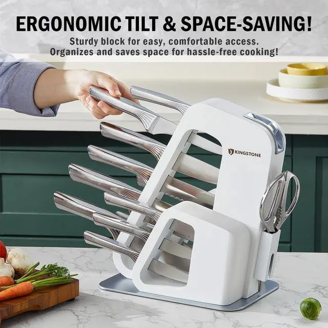 Alt view image 3 of 7 - KINGSTONE Kitchen Knife Set with Block,14 Pcs German Stainless Steel Knife Set with Built-in Sharpener, Dishwasher Safe Knife Block Set (White, 14pcs)