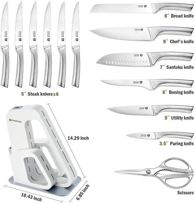 Alt view image 5 of 7 - KINGSTONE Kitchen Knife Set with Block,14 Pcs German Stainless Steel Knife Set with Built-in Sharpener, Dishwasher Safe Knife Block Set (White, 14pcs)