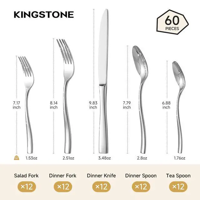 Alt view image 2 of 7 - KINGSTONE Flatware Set for 12, 60-Piece Stainless Steel Utensil Set with Forks, Knives, Spoons, Dishwasher Safe Silverware Set for Home, Wedding, Kitchen and Daily Life Rust-proof