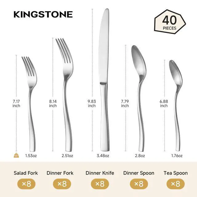 Alt view image 2 of 7 - KINGSTONE 40-Piece Flatware Set for 8, Matte Stainless Steel Utensil Set with Forks, Knives, Spoons, Dishwasher Safe, Rust Resistant Silverware Set for HomeWeddingKitchen and Daily Life