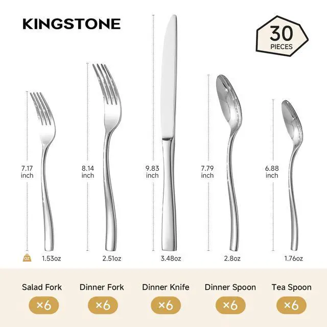 Alt view image 2 of 7 - KINGSTONE Flatware Set for 6, 30-Piece Stainless Steel Utensil Set with Forks, Knives, Spoons, Dishwasher Safe Silverware Set for Home, Wedding, Kitchen and Daily Life Rust-proof