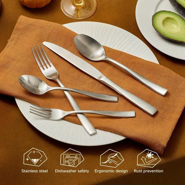 Alt view image 5 of 7 - KINGSTONE 60-Piece Flatware Set for 12, Matte Stainless Steel Utensil Set with Forks, Knives, Spoons, Dishwasher Safe, Rust Resistant Silverware Set for HomeWeddingKitchen and Daily Life