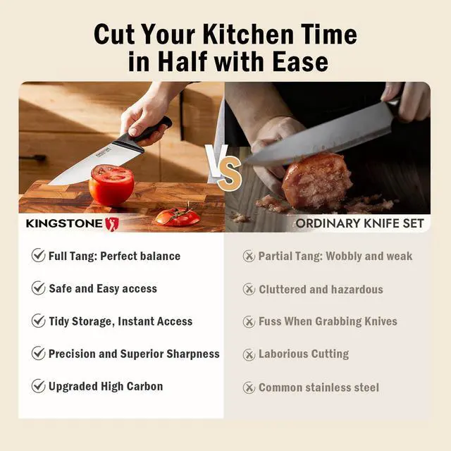 Alt view image 4 of 7 - KINGSTONE 14-Piece Kitchen Knife Set with Block, High-Carbon Stainless Steel Knives Set, Ergonomic Non-Slip Handle, Professional Knife Set for Kitchen for Home Cooking & Gifting, Natural