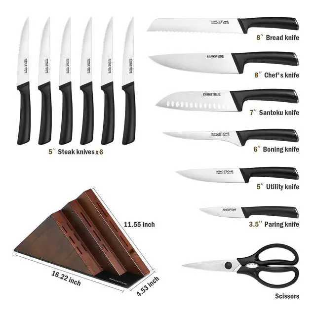 Alt view image 5 of 7 - KINGSTONE 14-Piece Kitchen Knife Set with Block, High-Carbon Stainless Steel Knives Set, Ergonomic Non-Slip Handle, Professional Knife Set for Kitchen for Home Cooking & Gifting, Walnut