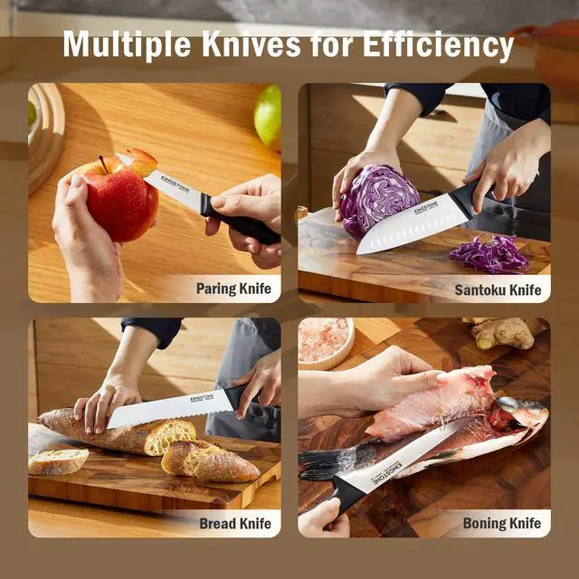Alt view image 5 of 7 - KINGSTONE 14-Piece Kitchen Knife Set with Block, High-Carbon Stainless Steel Knives Set, Ergonomic Non-Slip Handle, Professional Knife Set for Kitchen for Home Cooking & Gifting, Natural