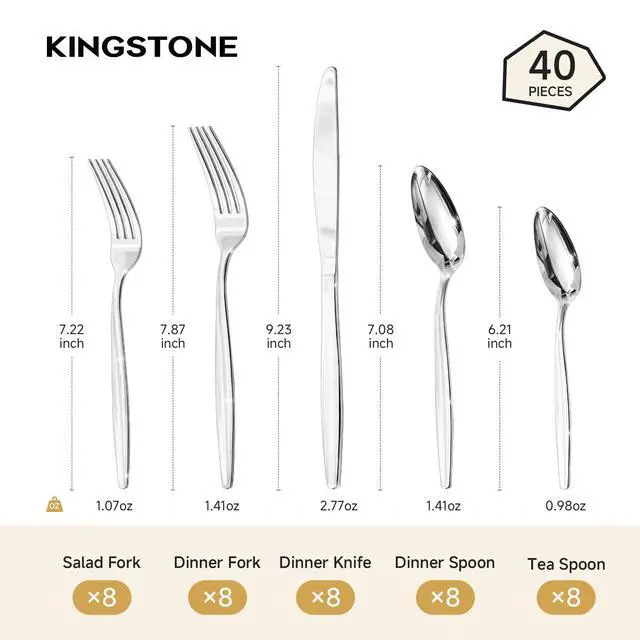 Alt view image 6 of 7 - KINGSTONE 18/10 Stainless Steel Silverware Set for 8,40 Piece Flatware Set | Heavy Duty Dining Utensils & Cutlery Set, Mirror Polished Finish, Dishwasher Safe for Home Kitchen, Wedding & Housewarming