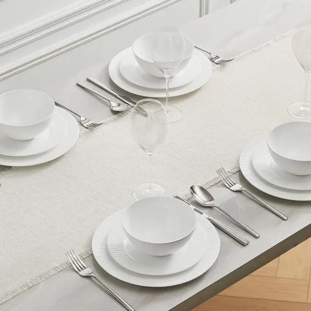 Alt view image 6 of 7 - KINGSTONE 14 x 120 Inches Frayed Edge Table Runner, 270G Heavyweight Sand Washed Slub Texture Cotton Linen for Modern Farmhouse, Rustic Home Decorations Dining Room Wedding Boho Decor, White