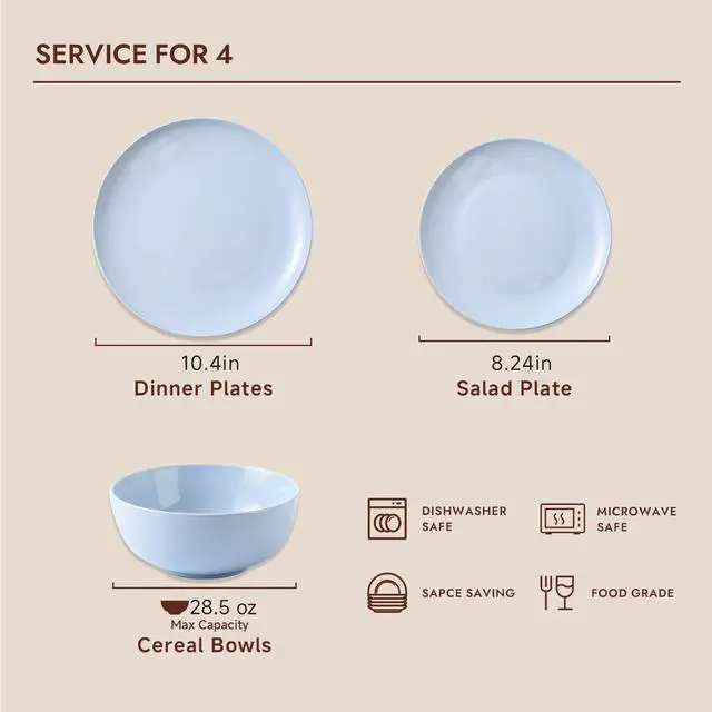 Alt view image 3 of 7 - KINGSTONE 12-Piece Bone China Dinnerware Set for 4, Misty Blue | Lightweight Porcelain | Round Plates & Bowls | Scratch Resistant | Durable Ceramic | Microwave & Dishwasher Safe