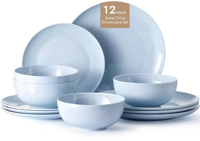 Main image of KINGSTONE 12-Piece Bone China Dinnerware Set for 4, Misty Blue | Lightweight Porcelain | Round Plates & Bowls | Scratch Resistant | Durable Ceramic | Microwave & Dishwasher Safe