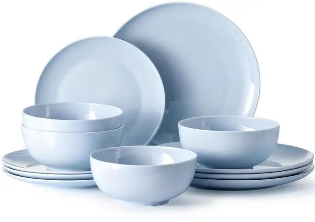 Main image of KINGSTONE 24-Piece Bone China Dinnerware Set for 8, Misty Blue | Lightweight Porcelain | Round Plates & Bowls | Scratch Resistant | Durable Ceramic | Microwave & Dishwasher Safe