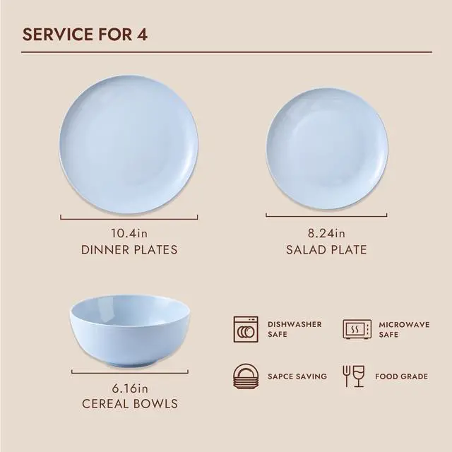 Alt view image 3 of 7 - KINGSTONE 20 Piece Teardrop Silverware Set and Blue Bone China Dinnerware Sets, 12-Piece Dinnerware Set for 4