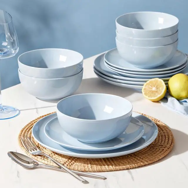 Alt view image 7 of 7 - KINGSTONE 24-Piece Bone China Dinnerware Set for 8, Misty Blue | Lightweight Porcelain | Round Plates & Bowls | Scratch Resistant | Durable Ceramic | Microwave & Dishwasher Safe