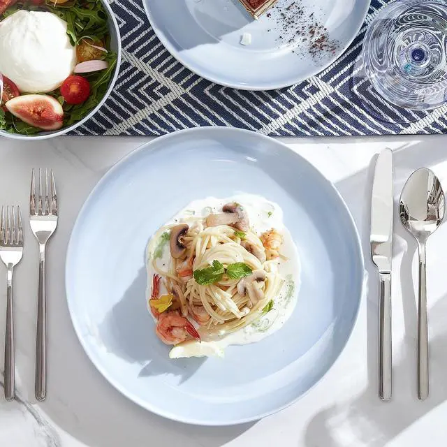 Alt view image 2 of 7 - KINGSTONE 24-Piece Bone China Dinnerware Set for 8, Misty Blue | Lightweight Porcelain | Round Plates & Bowls | Scratch Resistant | Durable Ceramic | Microwave & Dishwasher Safe