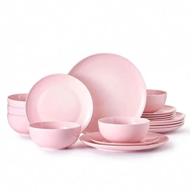 Main image of KINGSTONE 18-Piece Bone China Dinnerware Set for 6, Sakura Pink | Lightweight Porcelain | Round Plates & Bowls | Scratch Resistant | Durable Ceramic | Microwave & Dishwasher Safe