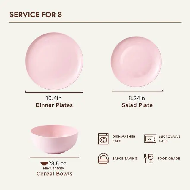 Alt view image 3 of 7 - KINGSTONE 24-Piece Bone China Dinnerware Set for 8, Sakura Pink | Lightweight Porcelain | Round Plates & Bowls | Scratch Resistant | Durable Ceramic | Microwave & Dishwasher Safe