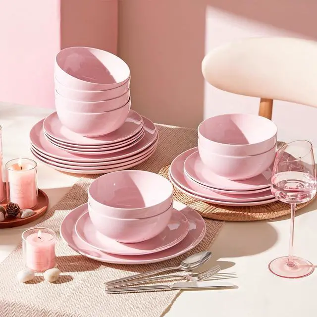 Alt view image 7 of 7 - KINGSTONE 24-Piece Bone China Dinnerware Set for 8, Sakura Pink | Lightweight Porcelain | Round Plates & Bowls | Scratch Resistant | Durable Ceramic | Microwave & Dishwasher Safe