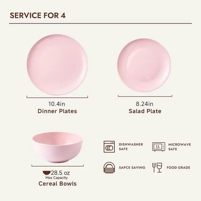 Alt view image 3 of 7 - KINGSTONE 12-Piece Bone China Dinnerware Set for 4, Sakura Pink | Lightweight Porcelain | Round Plates & Bowls | Scratch Resistant | Durable Ceramic | Microwave & Dishwasher Safe