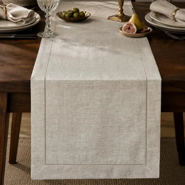 Main image of KINGSTONE 100% Pure French Linen Table Runner 108 Inches Long, Natural Hemstitch Tablecloth with Mitered Corners, Crease-Free Scroll Packaging, 14x108 for Easter, Mother's Day, Farmhouse Decor